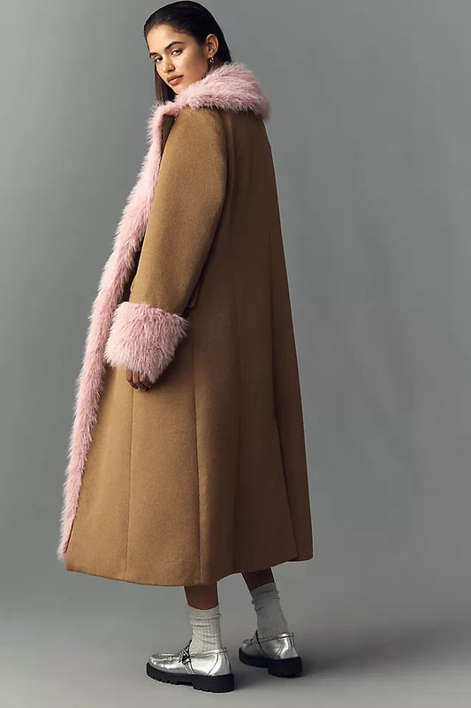 Faux Fur-Lined Wool Blend Maxi Coat