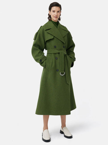 Olive green double-breasted trench coat