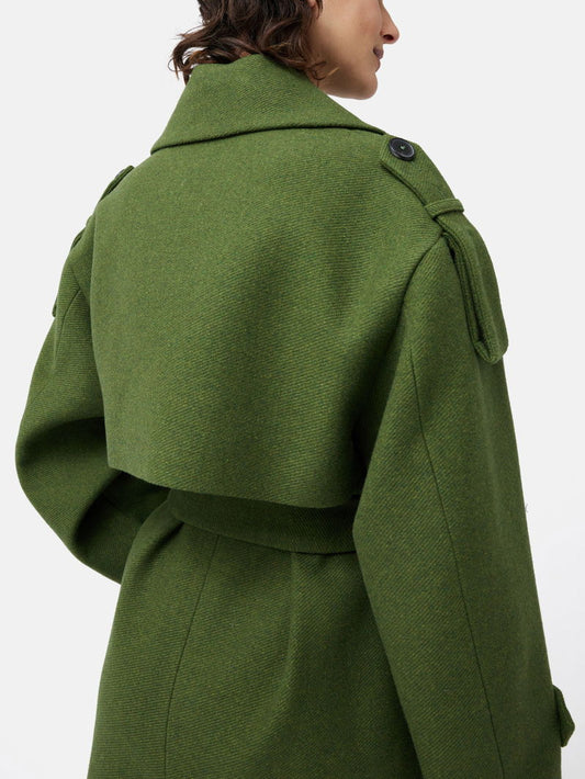 Olive green double-breasted trench coat