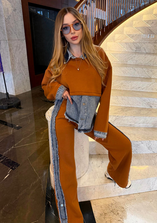 Terracotta denim patchwork sweatshirt and sweatpants set