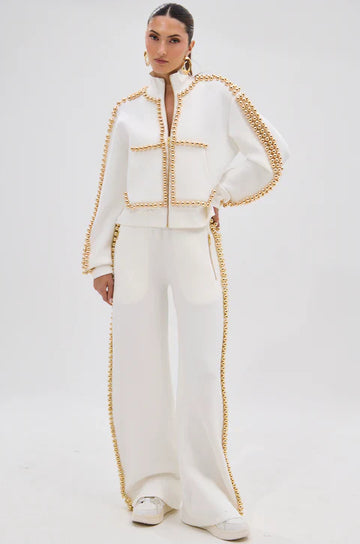 White & Gold Embellished Track Suit Set