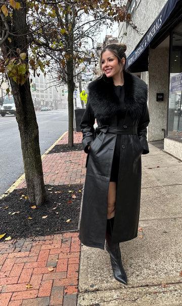 Faux Fur Collar Leather Trench Coat