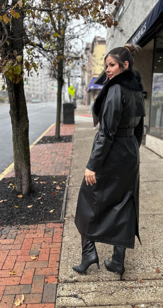 Faux Fur Collar Leather Trench Coat