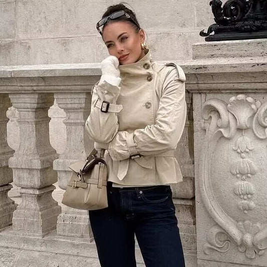 Beige double-breasted short trench coat