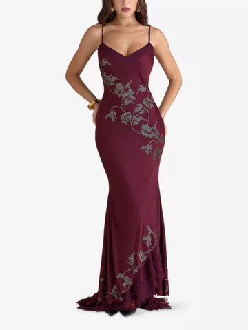Hand-beaded satin maxi dress