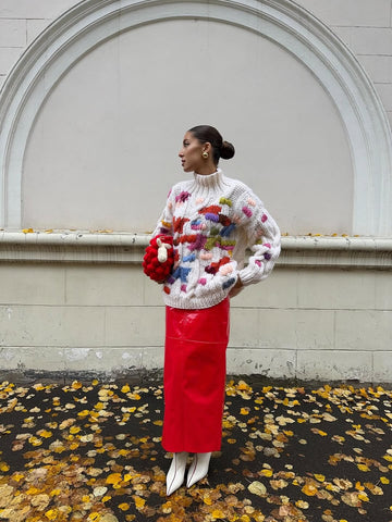 Colorful Knit Sweater  Midi Skirt Outfit