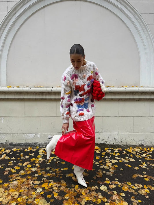 Colorful Knit Sweater  Midi Skirt Outfit