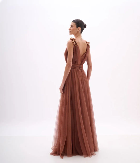 3D Pearl Copper Tulle Gown