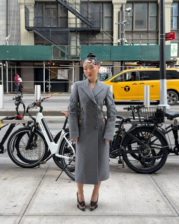 Grey embroidered hollow trench coat