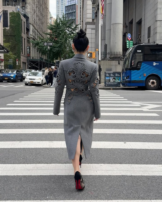 Grey embroidered hollow trench coat