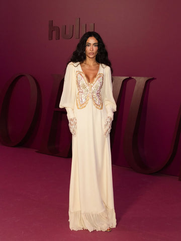 Butterfly Pattern Cream Silk Maxi Dress