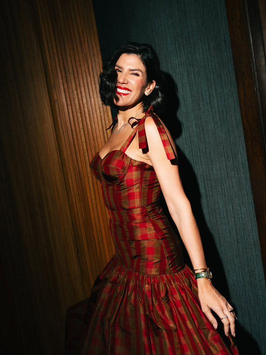 Red & Bronze Plaid Satin Bustier Midi Dress