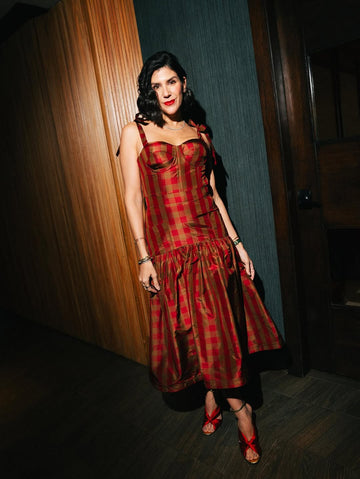 Red & Bronze Plaid Satin Bustier Midi Dress