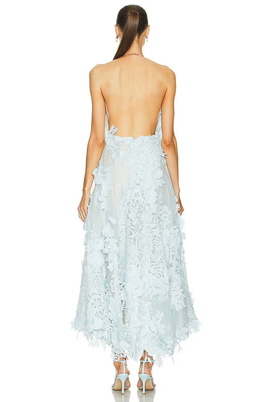 Light blue three-dimensional floral midi dress
