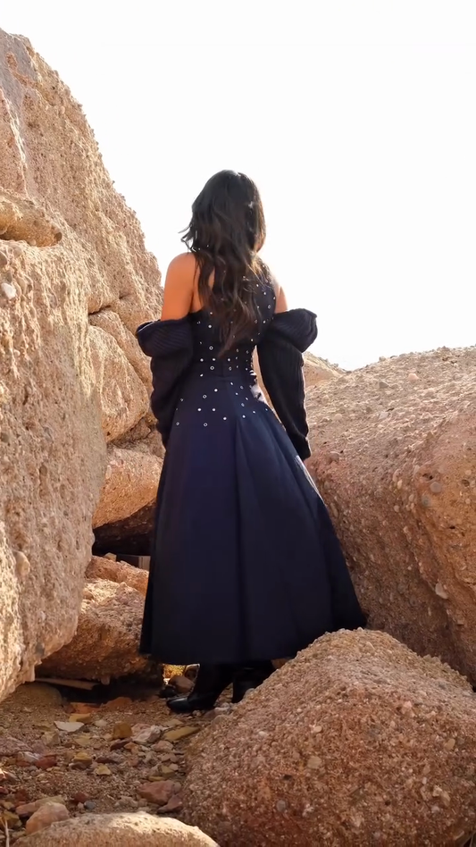Navy blue embellished slit maxi dress