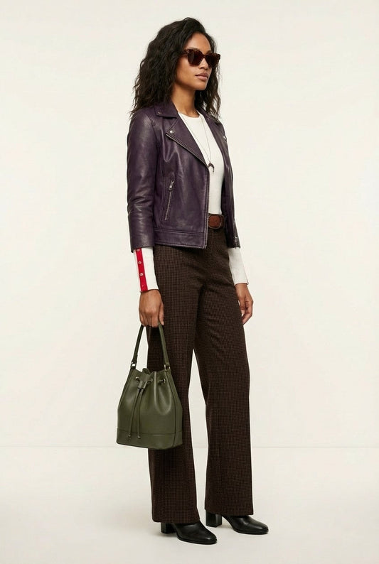 Women's Genuine Leather Biker Jacket in Deep Plum Slim Fit