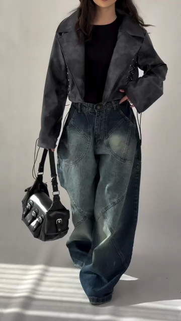 Dark Washed Oversized Distressed Jeans