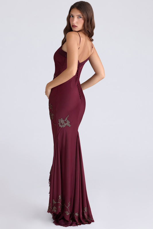 Hand-beaded satin maxi dress