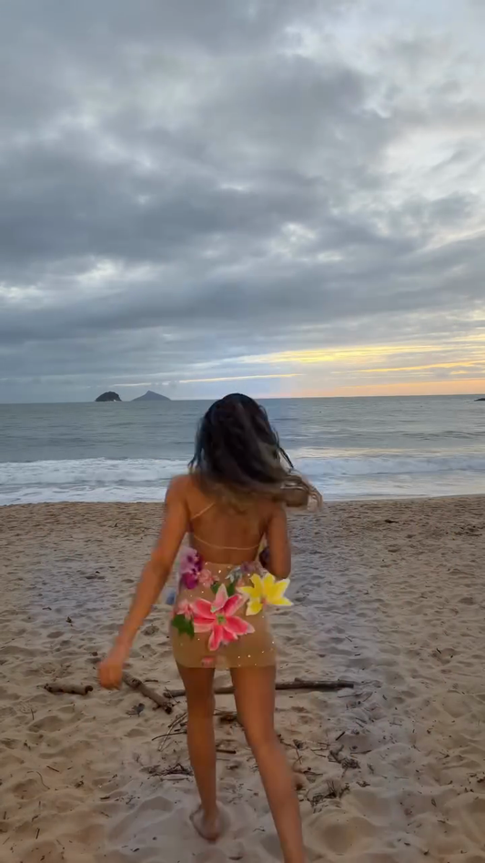 Floral-decorated tulle mini dress