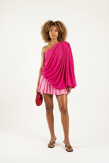 Women's Magenta Draped One-Shoulder Blouse and Pleated Skirt Set