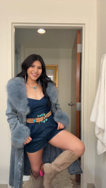 Blue denim jacket with fur trim
