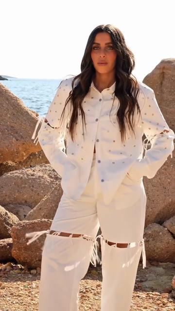 White embellished tie-front shirt and trouser suit