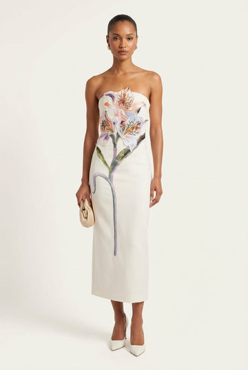 Women's Floral Embroidered Strapless Midi Dress Column Cocktail Gown