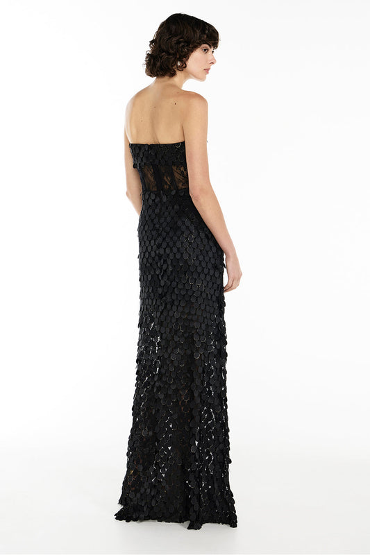 Black sequined lace strapless maxi dress