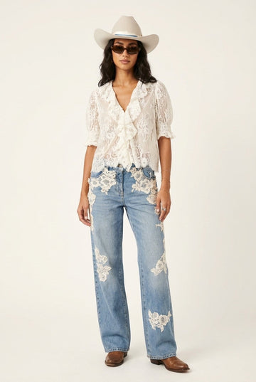 Women's Romantic Floral Lace Ruffle Blouse Puff Sleeve Boho Top