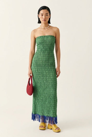 Women's Shirred Smocked Tube Dress With Fringe Hem Summer Maxi