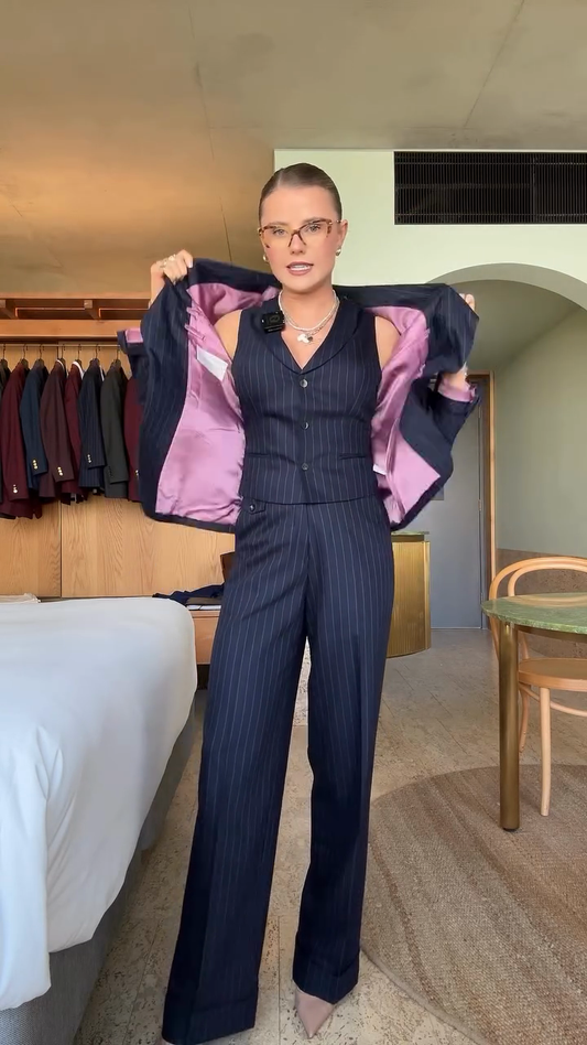 Navy blue pinstripe suit