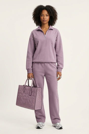 Women's Rhinestone Embellished Half-Zip Fleece Sweatshirt and Pants Set