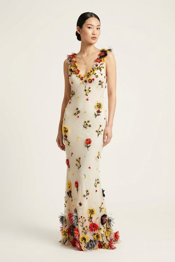 Women's Floral Embroidered Tulle Mermaid Gown V-Neck Evening Dress