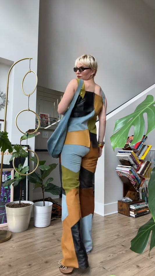 Two-piece leather patchwork set