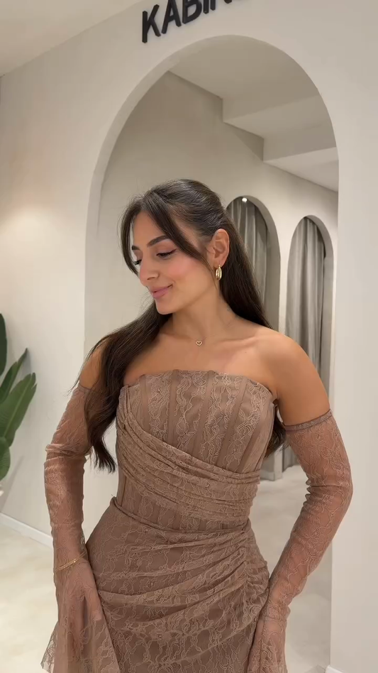Mocha-colored lace off-shoulder maxi dress