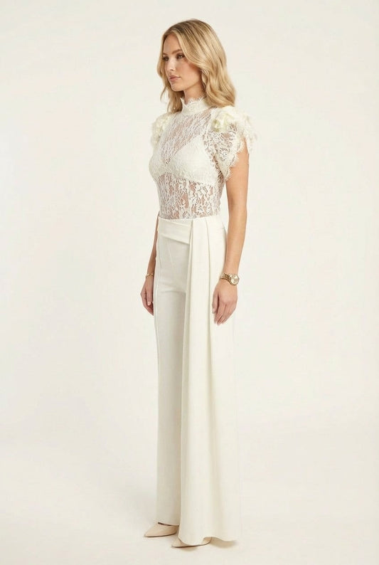 Women's Elegant Floral Lace Blouse and Wide Leg Trousers Set