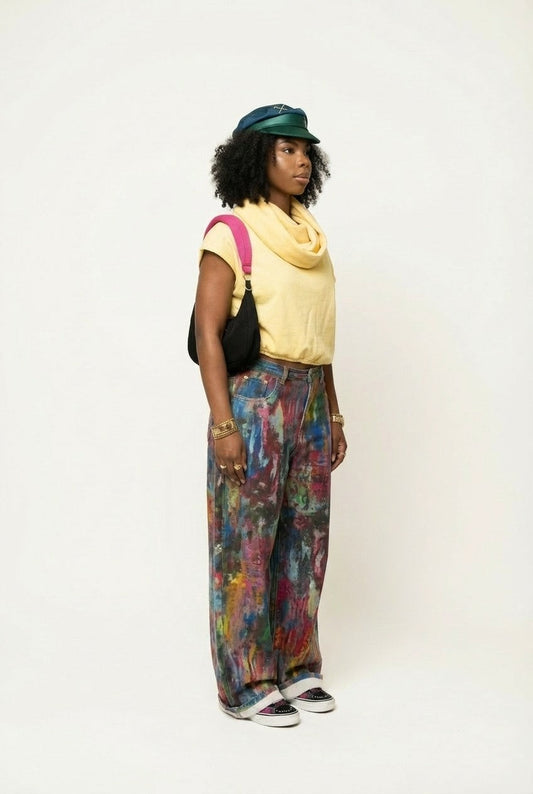 Artistic Boho Paint-Print Wide Leg Statement Jeans