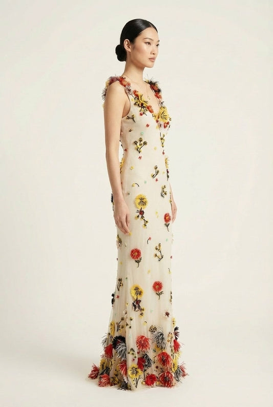 Women's Floral Embroidered Tulle Mermaid Gown V-Neck Evening Dress