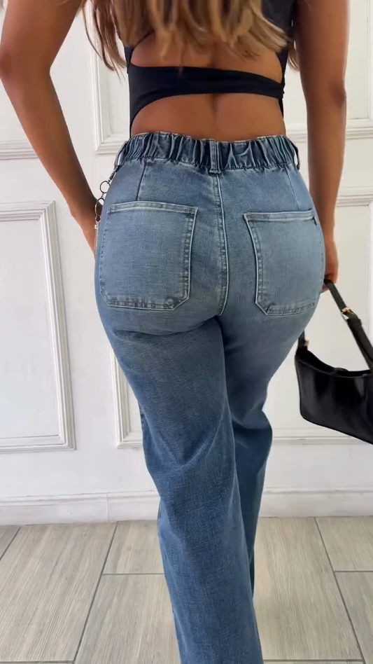 Medium-wash high-waisted straight leg jeans