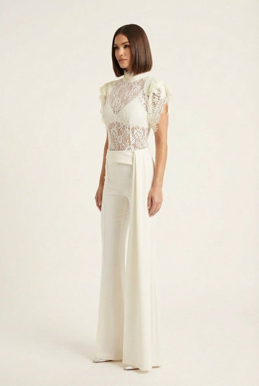 Women's Elegant Sheer Lace High Neck Blouse and Wide Leg Pants Set
