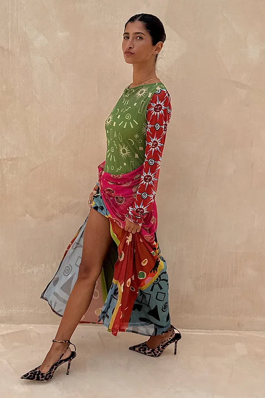 Bold Graphic Print Sheer Maxi Dress