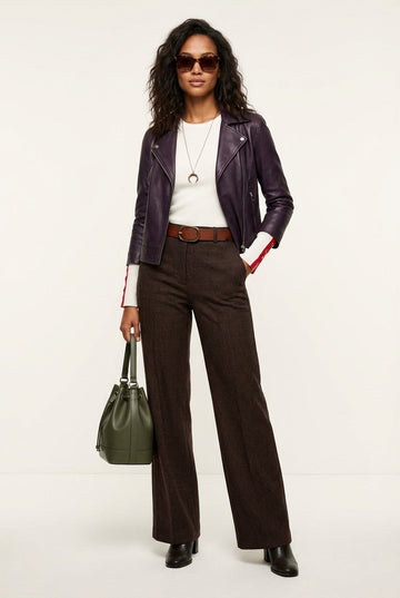 Women's Genuine Leather Biker Jacket in Deep Plum Slim Fit