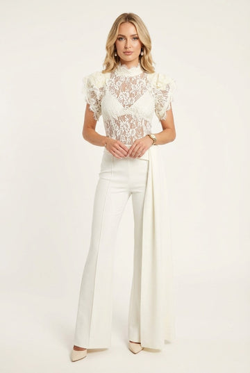 Women's Elegant Floral Lace Blouse and Wide Leg Trousers Set
