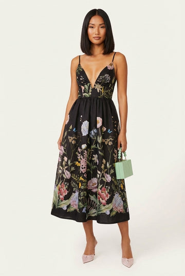 Women's Botanical Floral Deep V-Neck Midi Dress, Elegant Garden Party