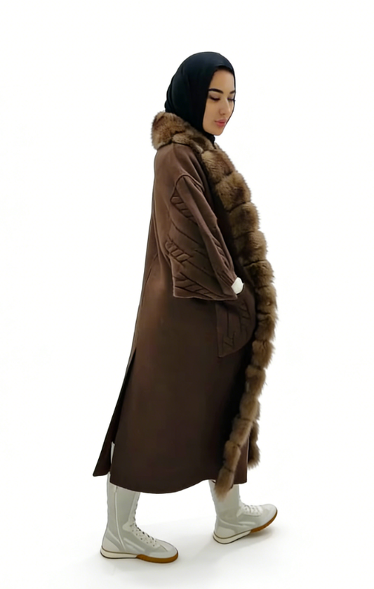 Faux fur trim long coat