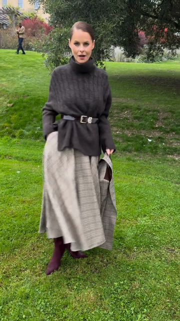 Knit Sweater  Plaid Midi Skirt Set