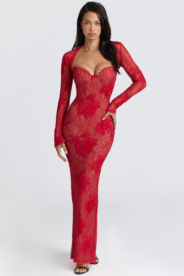 Luxurious Red Floral Lace Bustier Dresses