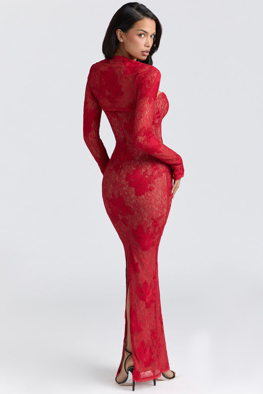 Luxurious Red Floral Lace Bustier Dresses