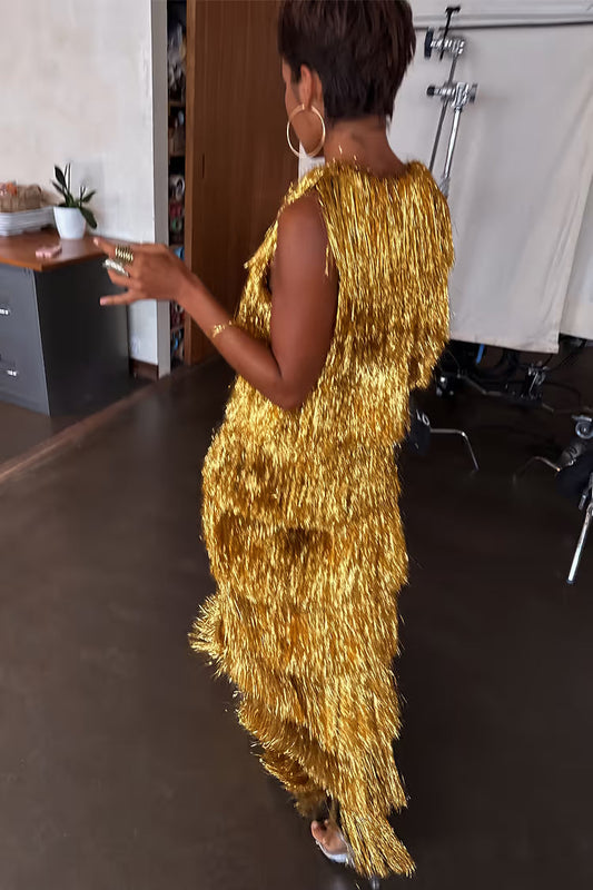 Gold layered tassel long dress