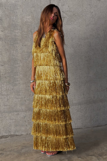 Gold layered tassel long dress